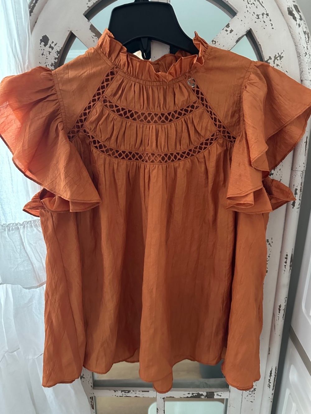 Pinch Blouse Top Womens Medium Orange Tiered Ruffle Puff Sleeve High Neck Fall